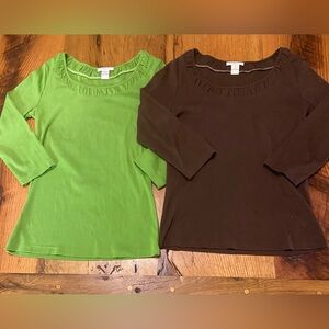 Harold’s 100% Cotton Green & Brown Tops with Pretty Pleated Ballet Neckline, XS